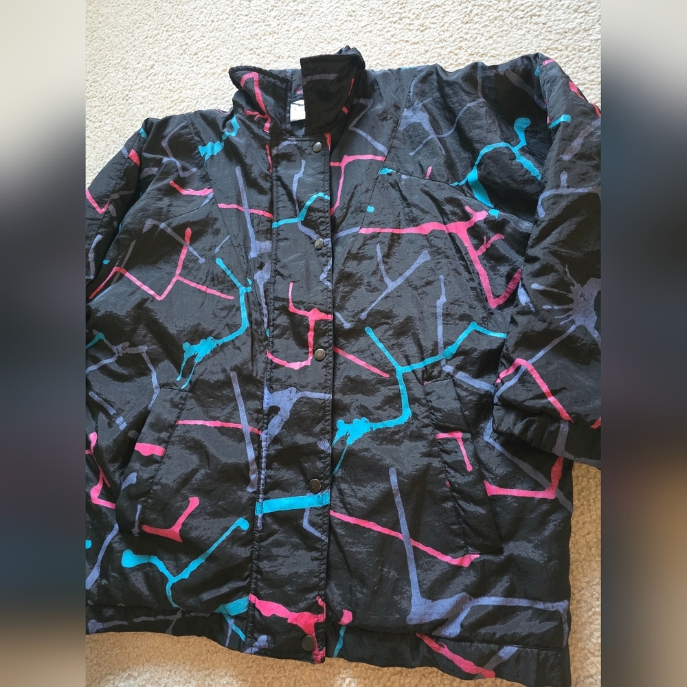 90s Windbreaker Jacket – Size 16 - black background with pink, blue and teal - Picture 2 of 8